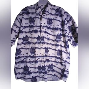 Nautical Print Button-Up Shirt in White and Navy 100% Cotton Short Sleeve Size L